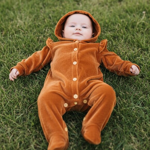 RZ by Rachel Zoe Baby Girl Velvet Romper 3-6M Rust Ruffle Hoodie - Picture 2 of 8